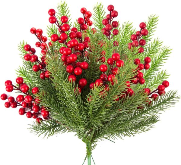 WXJ13 30 Pieces Artificial Pine Branches Christmas Holly Berries Artificial Red Berry Stems